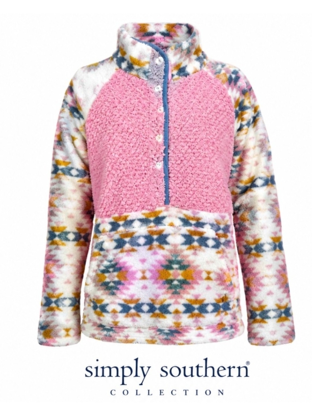 Simply Southern Pink Sherpa Pullover with Multicolor Aztec Print